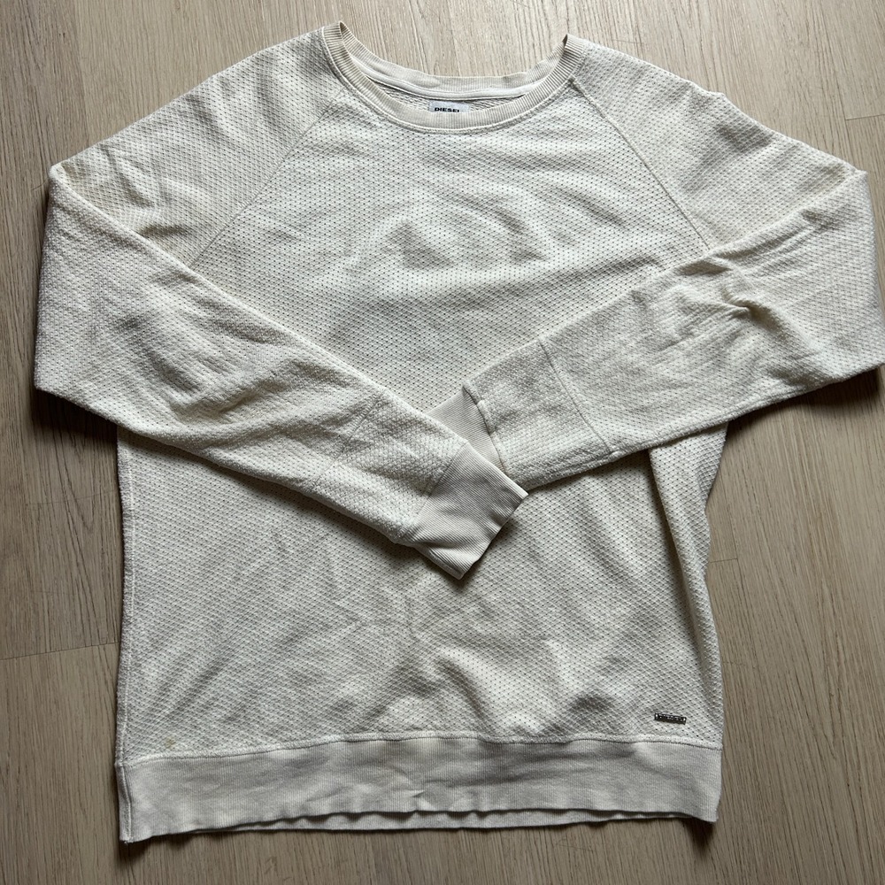 Diesel Cream Waffle Knit Raglan Crewneck Sweatshirt Pullover Size Large L